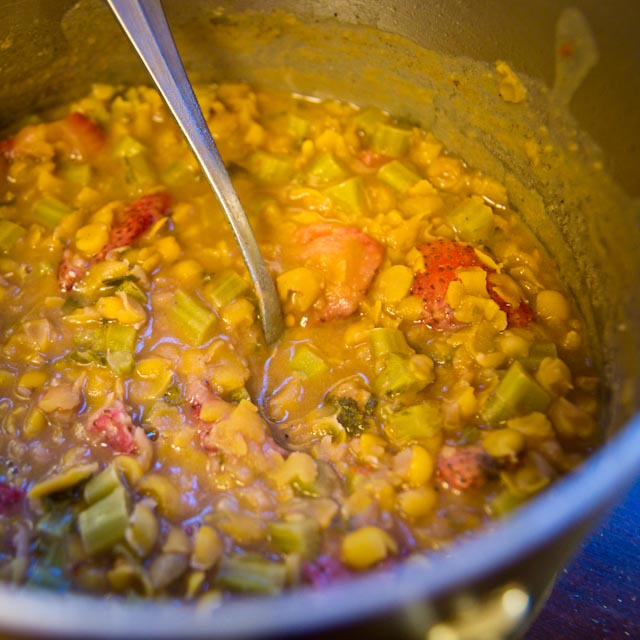 Chunky split pea soup with kale stems and strawberries